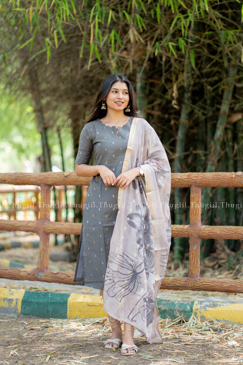 T531 Shalini (Grey) - Kurta Set (Top-Dupatta)