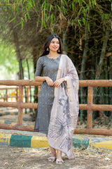 T531 Shalini (Grey) - Kurta Set (Top-Dupatta)