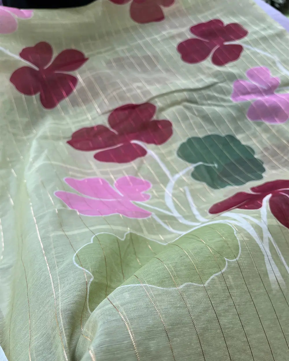 T094 Pista Green Lotus Kurta Set (Top-Dupatta)