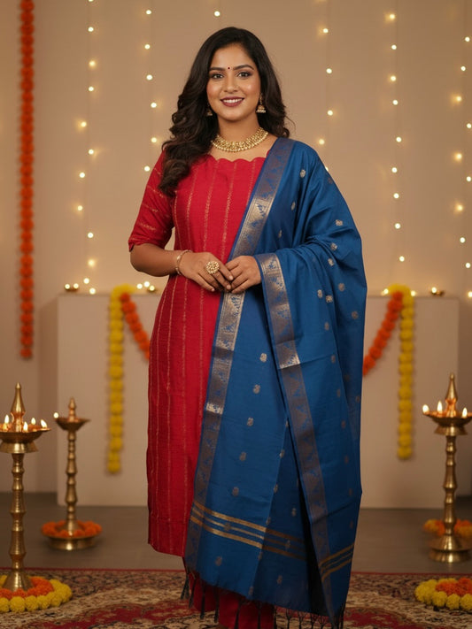 T089 Royal Red Silk Kurta Set - 3 pc