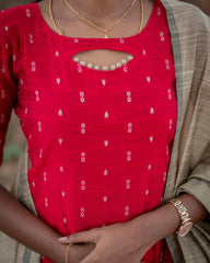 T042 Red Lady Slub Silk Kurta Set