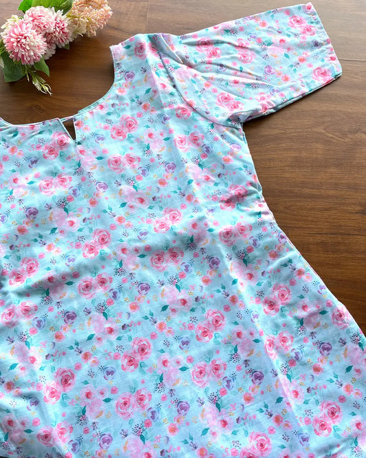 T191 Pastel Blue Floral Pure Cotton Kurta