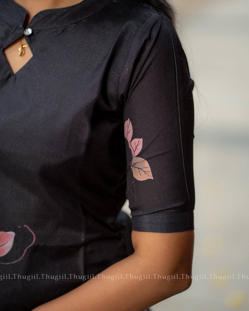 T321 Black Blossom Kurta Set (Top-Dupatta)
