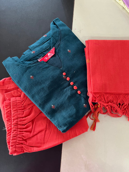 AS063 Handloom Cotton Kurta Set (Top Pant Dupatta)