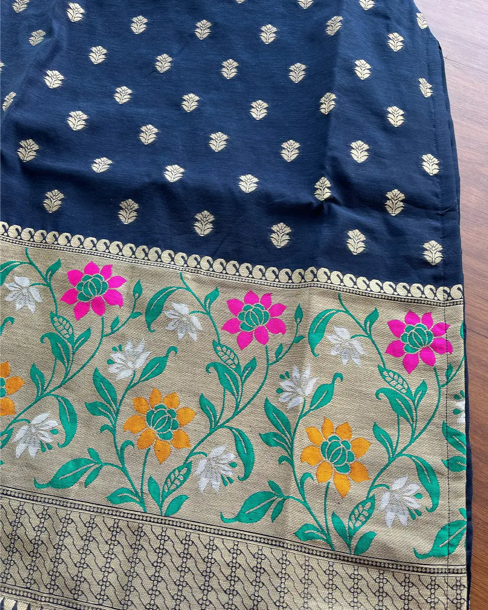 T099 Midnight Blue Banaras Cotton Kurta Set (Top-Dupatta)