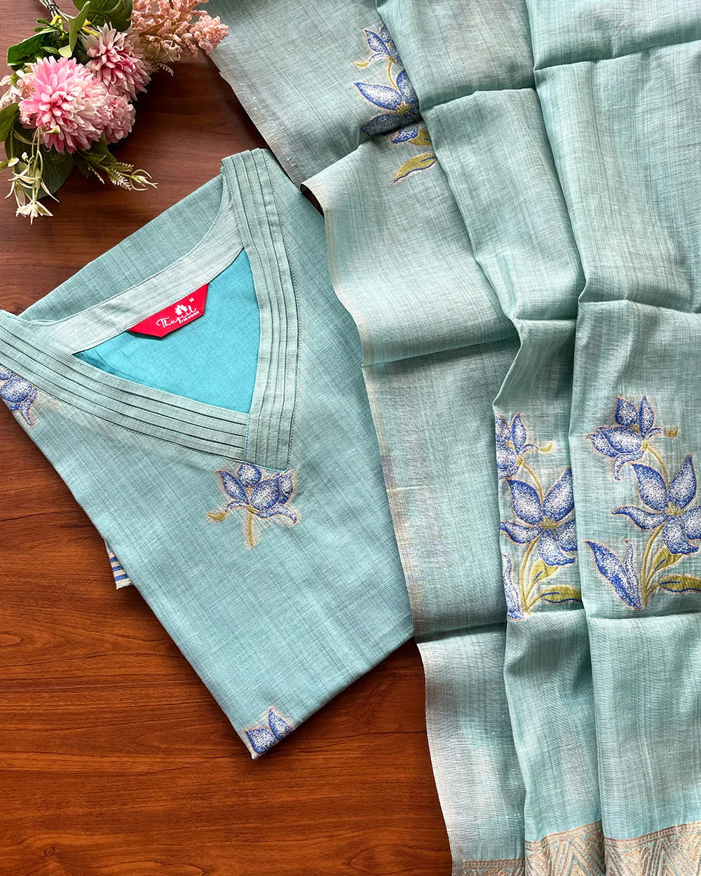 T259 Aqua Petals Kurta Set (Top-Dupatta)