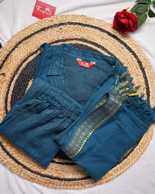 T172 Teal Handloom Cotton Kurta Set