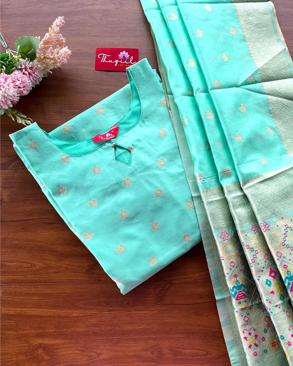 T199 Turquoise Banaras ArtSilk Kurta Set (Top-Dupatta)