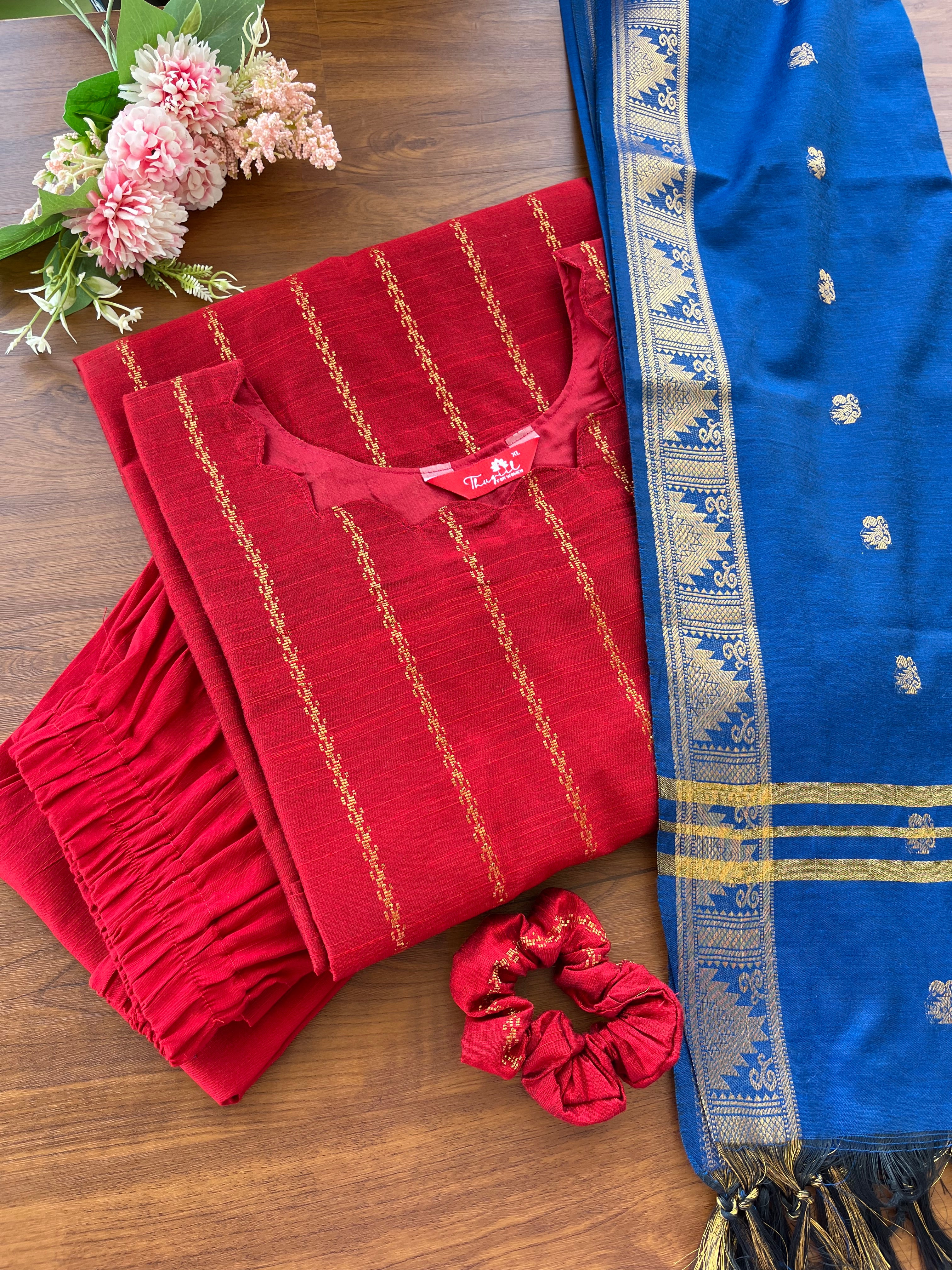 T089 Royal Red Silk Kurta Set - 3 pc