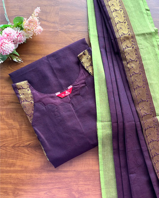 T182 Maroon Chettinad Cotton Kurta Set (Top-Dupatta)