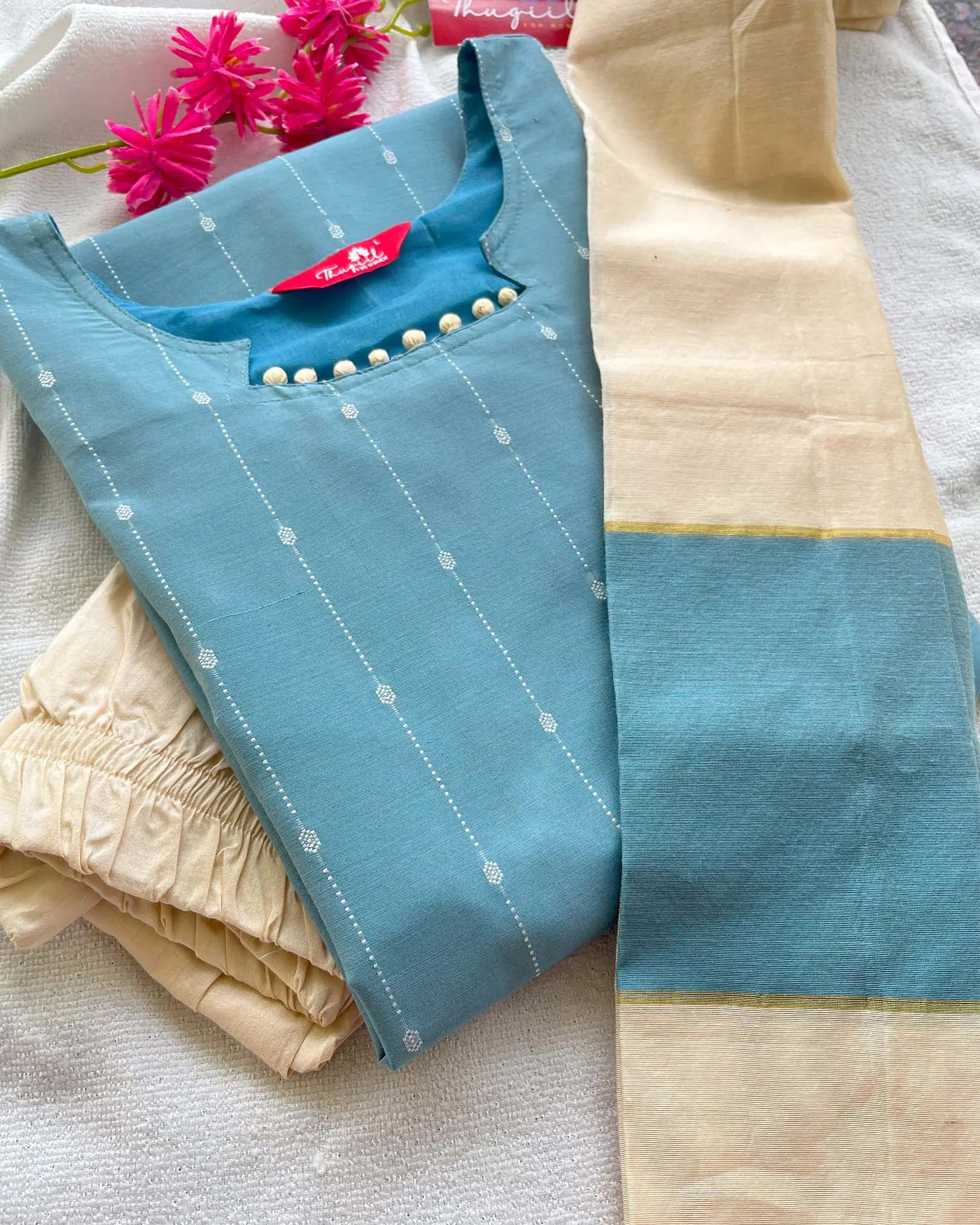 T040 Water Blue Butter Silk Kurta Set