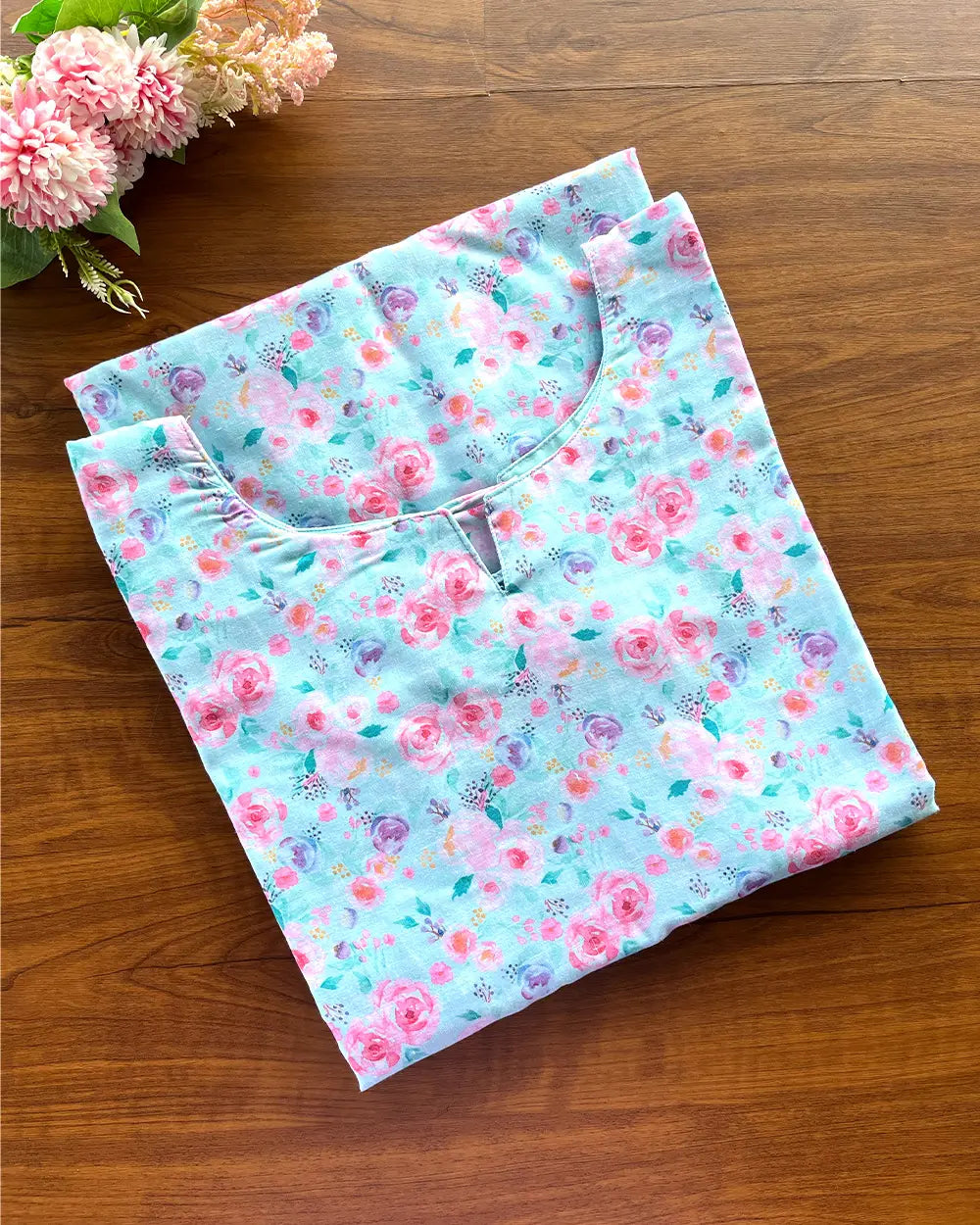 T191 Pastel Blue Floral Pure Cotton Kurta