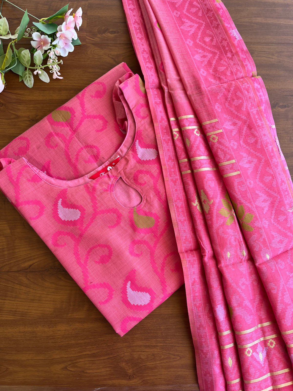 T136 Pink Mango Kurta set (Top-dupatta)