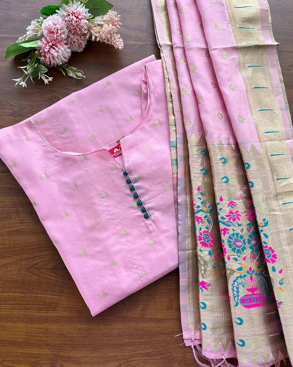 T096 Misty Rose Art Banaras Silk Kurta Set (Top-Dupatta) (Pre Order 10-15 days)