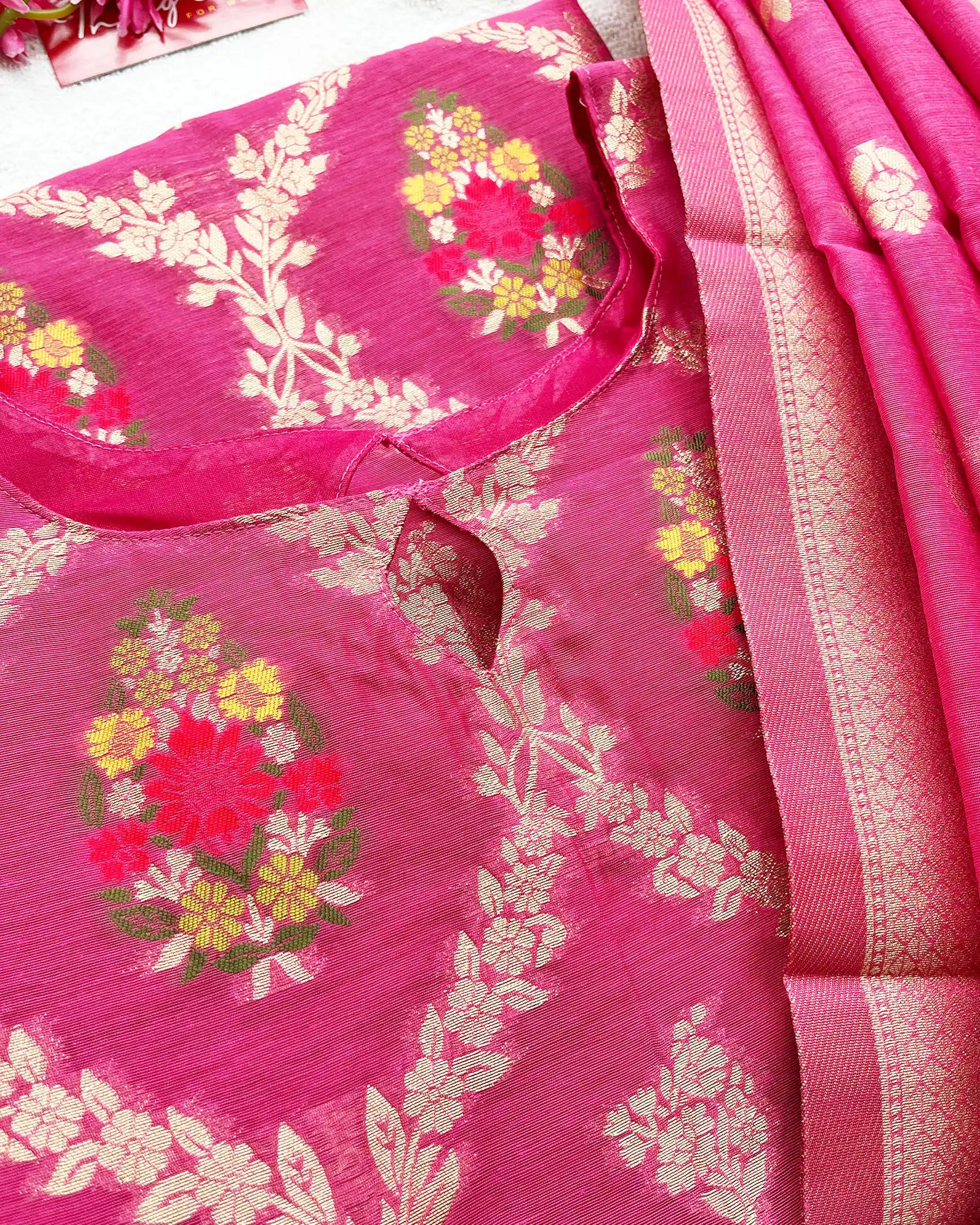 T050 Hot Pink Banaras Cotton Kurta Set (Pre Order 10-15 days)