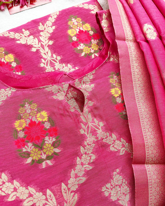 T050 Hot Pink Banaras Cotton Kurta Set (Pre Order 10-15 days)
