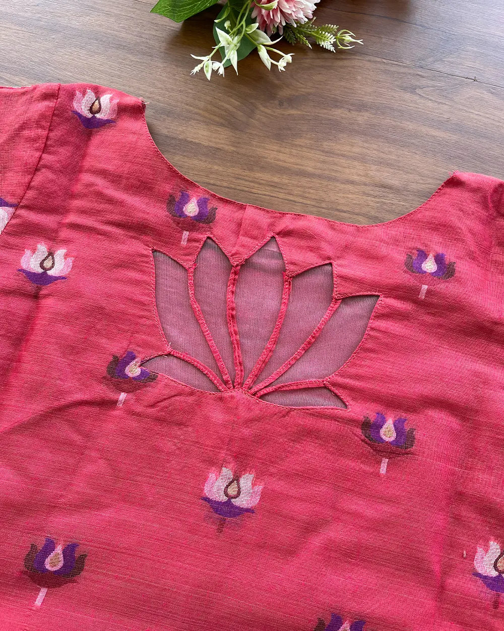 T095 PinkRed Lotus Kurta Set (Top-Dupatta)