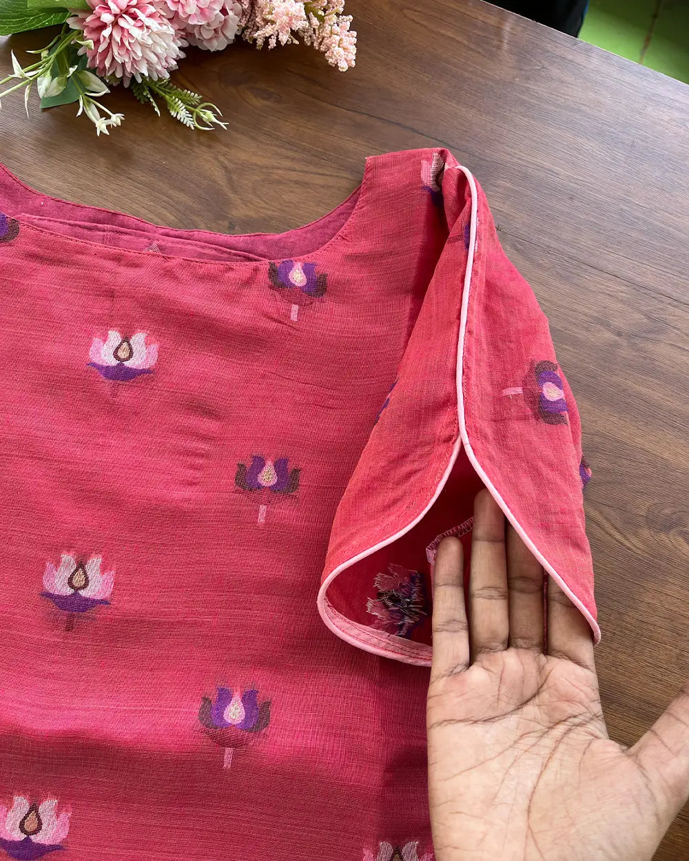 T095 PinkRed Lotus Kurta Set (Top-Dupatta)