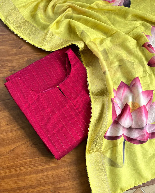 T222 Rani Pink Silk Kurta Set (Top-Dupatta)