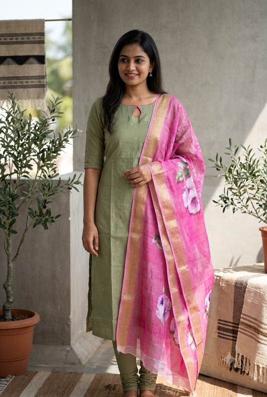 T490 Amrutha (Green) - Kurta Set (Top-Dupatta)