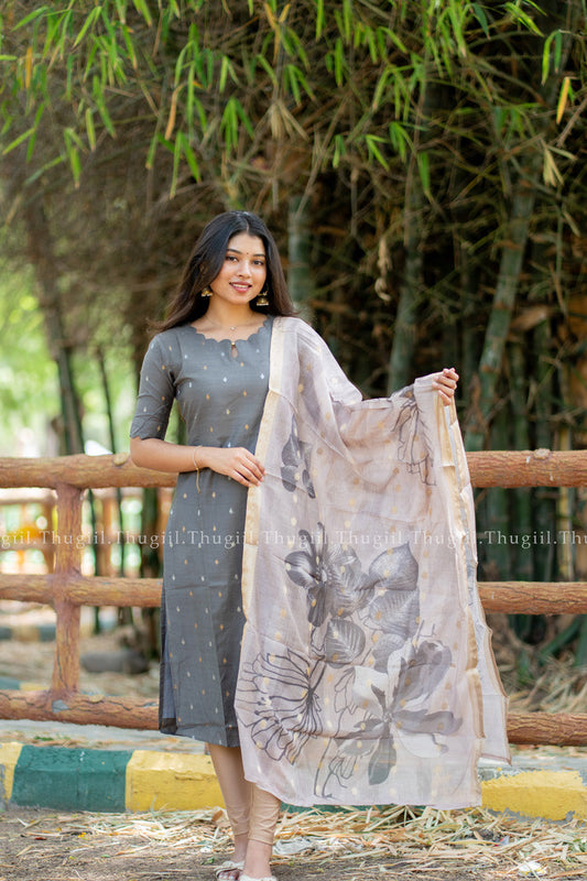 T531 Shalini (Grey) - Kurta Set (Top-Dupatta)