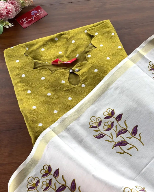 T207 Olive Bloom Jacquard Kurta Set (Top-Dupatta)
