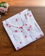 T243 White Floral Linen Kurta
