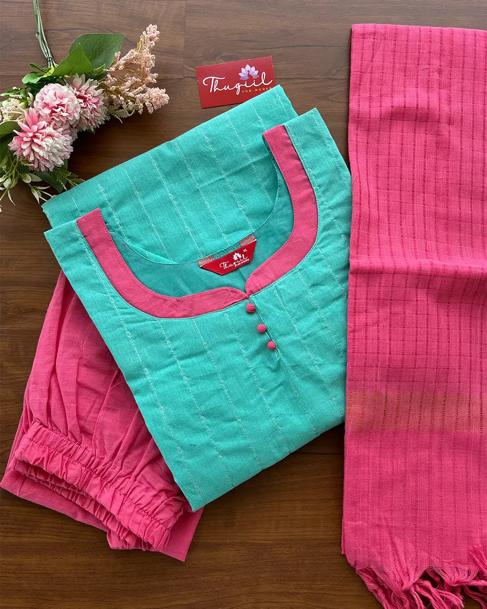 T141 Blue-Pink Cotton Kurta Set