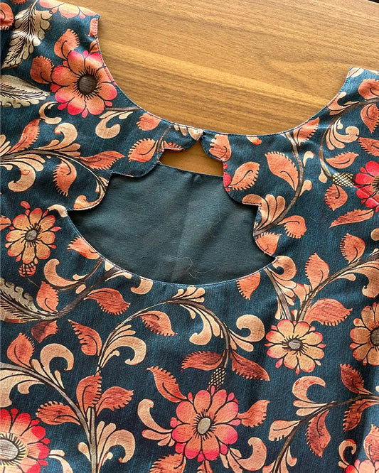 T060 Teal Floral Silk Kurta