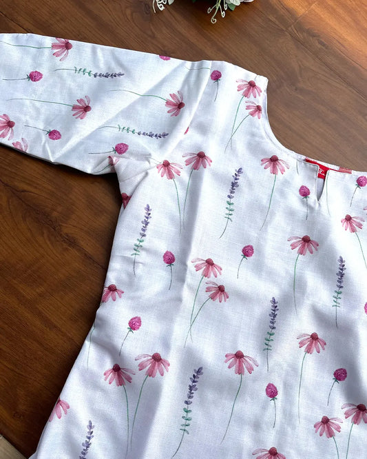 T243 White Floral Linen Kurta