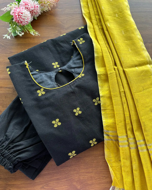 T177 Black Gold Pure Handloom Cotton Kurta Set