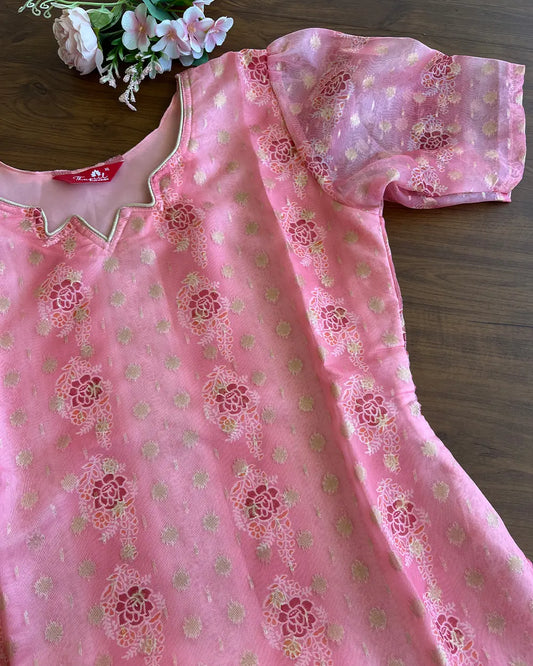 T123 Light Peach Organza Silk Zari Kurta