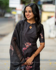 T321 Black Blossom Kurta Set (Top-Dupatta)