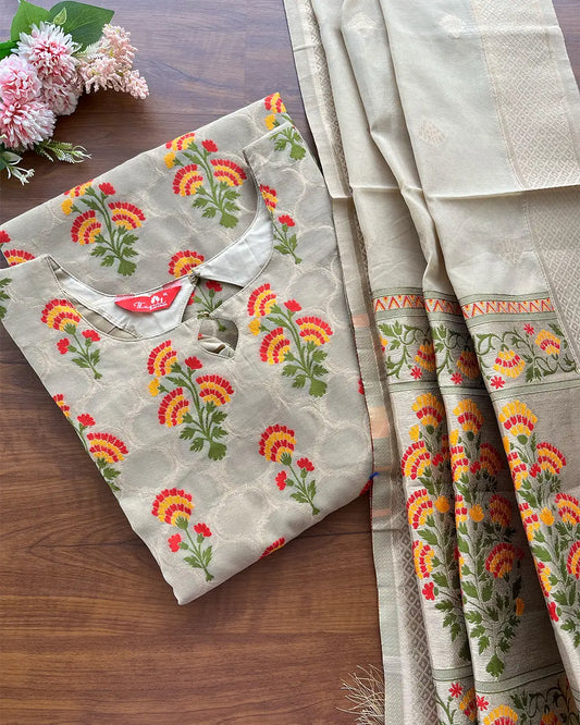 T093 Beige Banaras Cotton Kurta Set (Top-Dupatta )