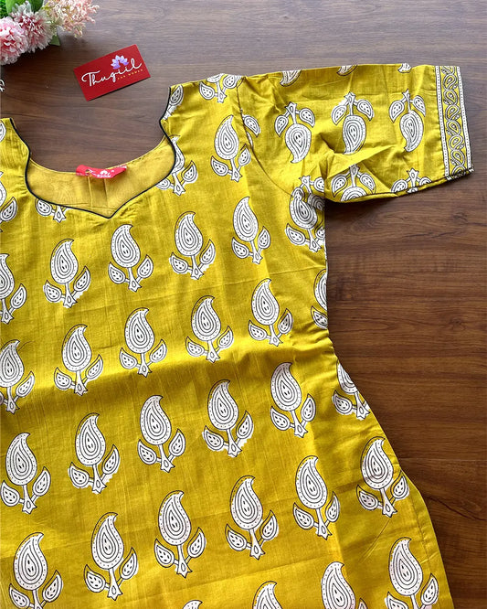 T198 Mustard Handblock printed Cotton Kurta Set