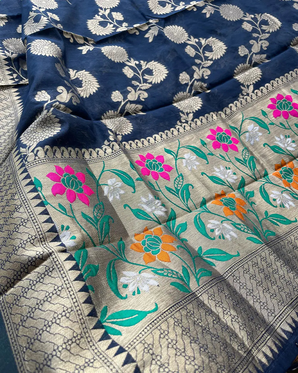 T099 Midnight Blue Banaras Cotton Kurta Set (Top-Dupatta)