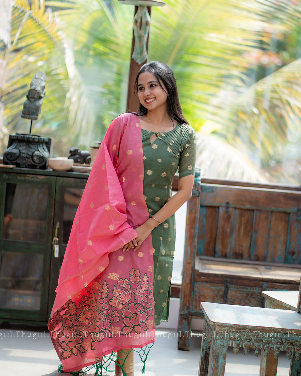 T327 Vrinda Pink Kurta Set (Top-Dupatta)