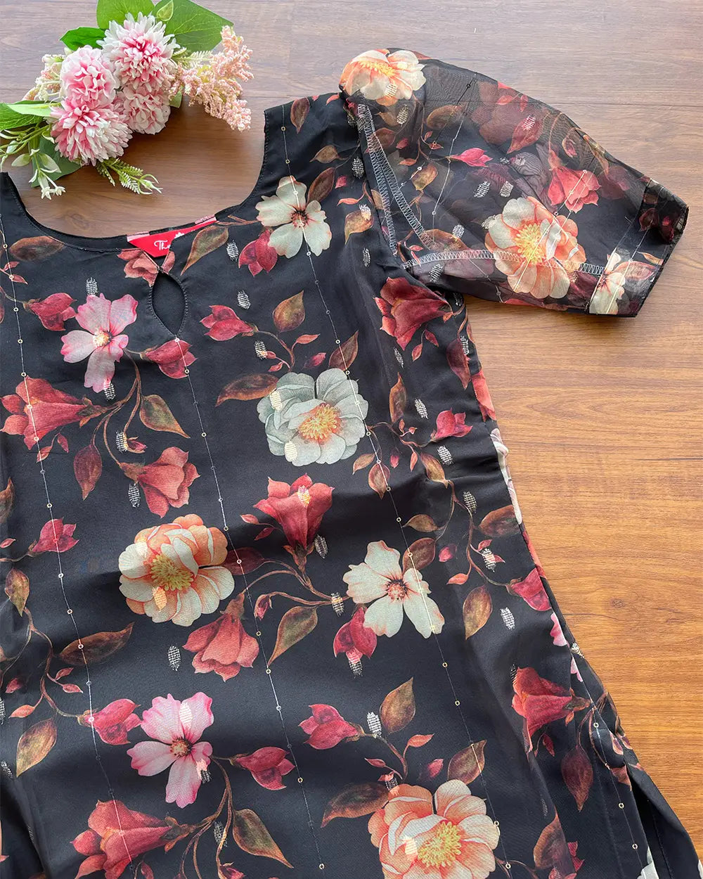 T133 Black Floral Organza Kurta