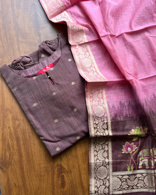T219 Ready To Dispatch -  Royal Rosewood Bloom Kurta Set (Top - Dupatta)