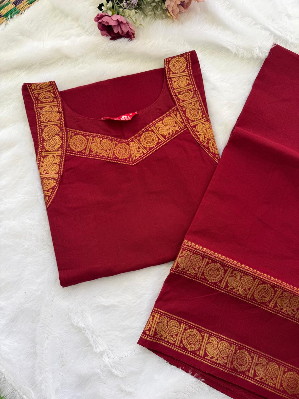 T514 Tharigai (Sindoor red) - Kurta Set (Top-Dupatta)