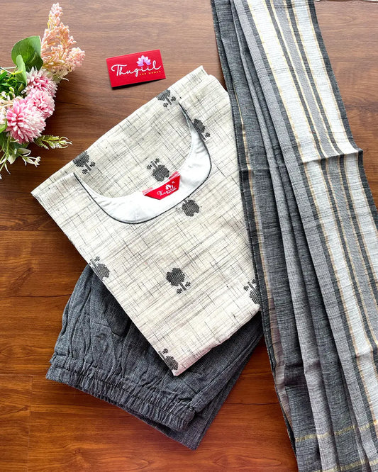 T197 Grey Handloom Cotton Kurta Set