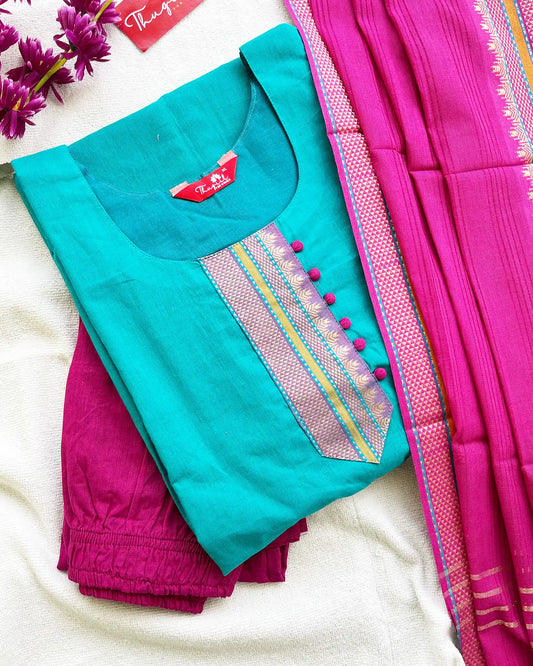 T073 Blue Pink Mangalgiri Cotton Kurta Set