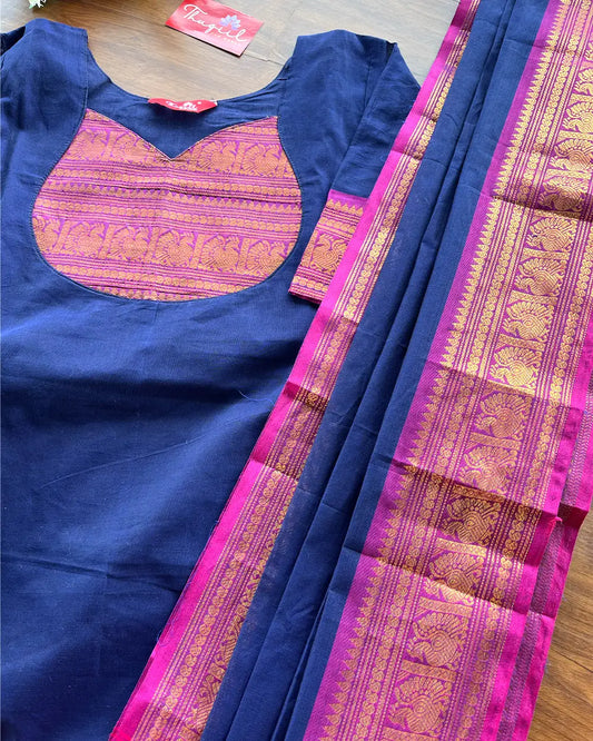 T218 Blue Purple Chettinad Cotton Kurta Set (Top - Dupatta)