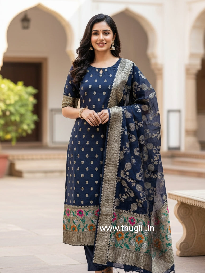 T099 Midnight Blue Banaras Cotton Kurta Set (Top-Dupatta)