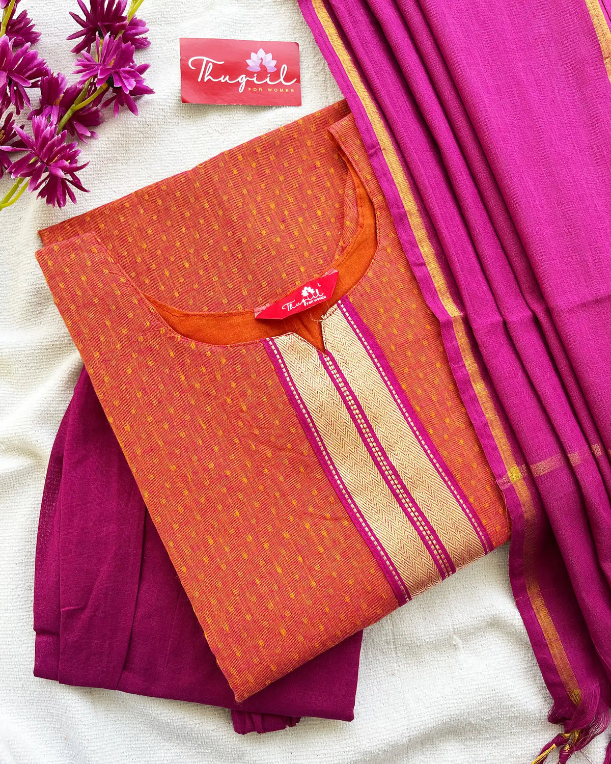 T070 Rust Orange Mangalgiri Cotton Kurta Set