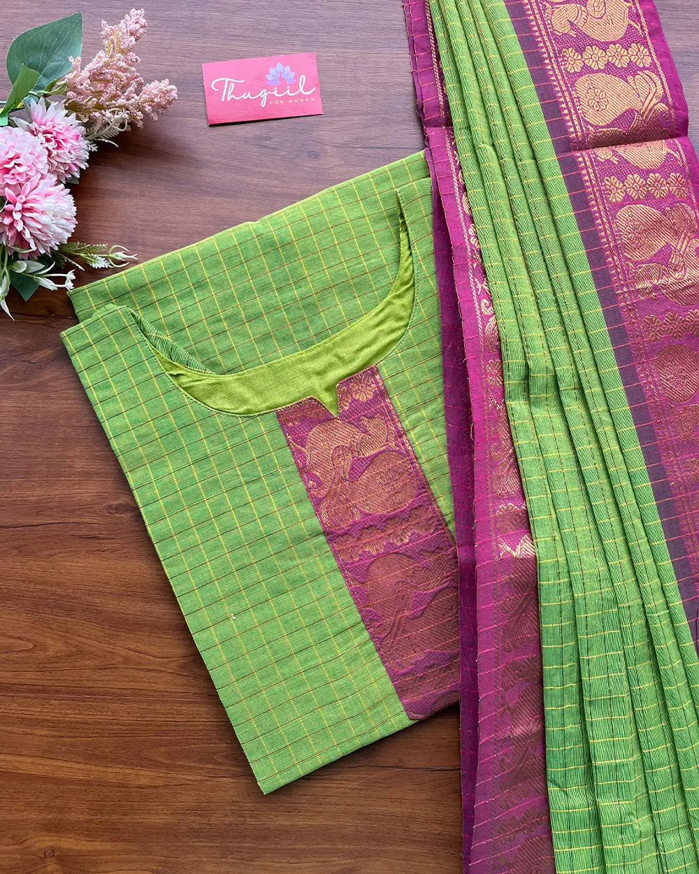 T140 Green Purple Cotton Kurta Set (Top-Dupatta)