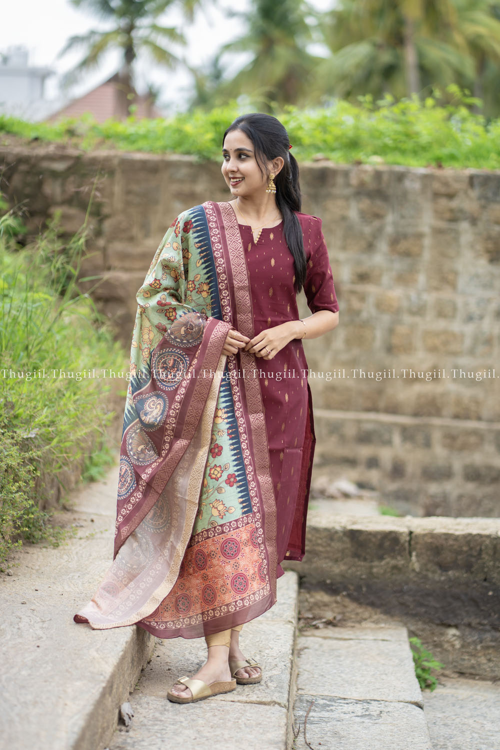 T478 Indira (Maroon) - Kurta Set (Top - Dupatta)