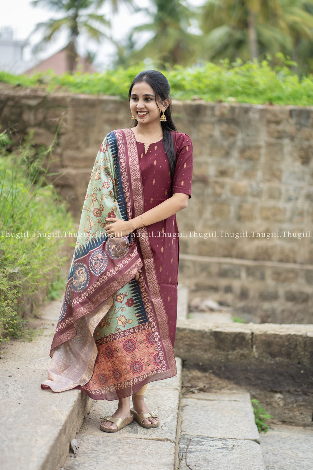 T478 Indira (Maroon) - Kurta Set (Top - Dupatta)