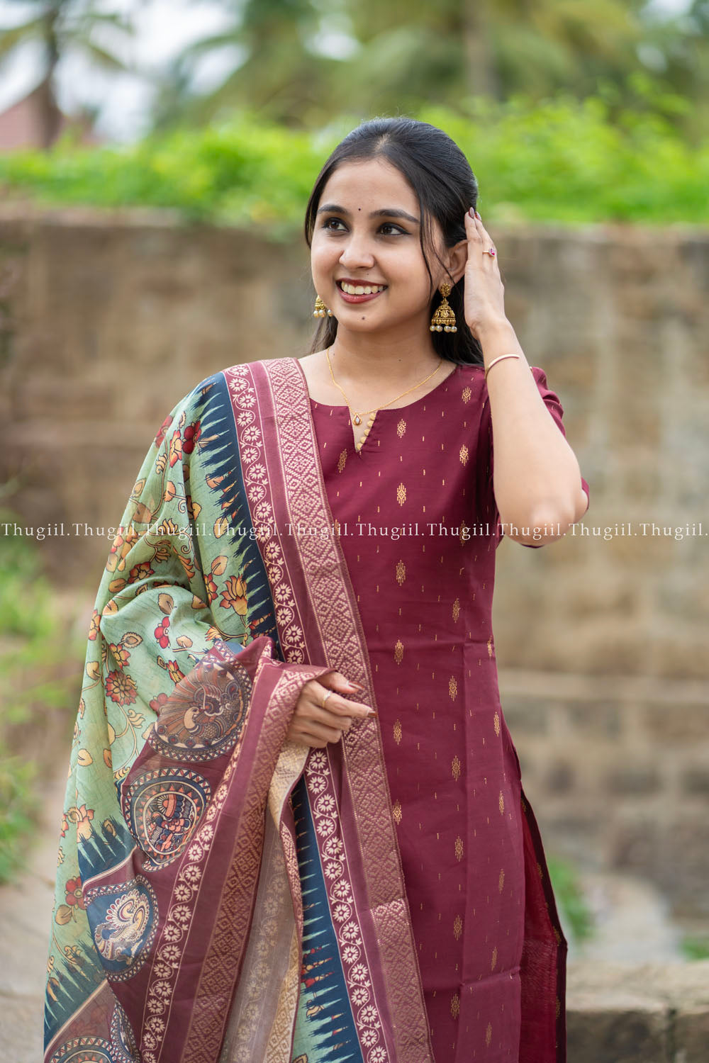 T478 Indira (Maroon) - Kurta Set (Top - Dupatta)