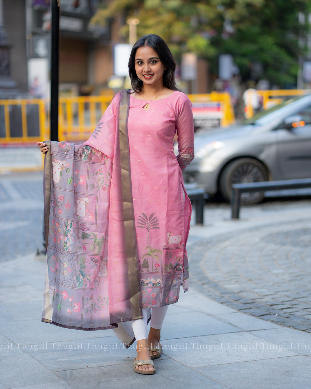 T323  Pinky Pichwai Kurta Set (Top-Dupatta)